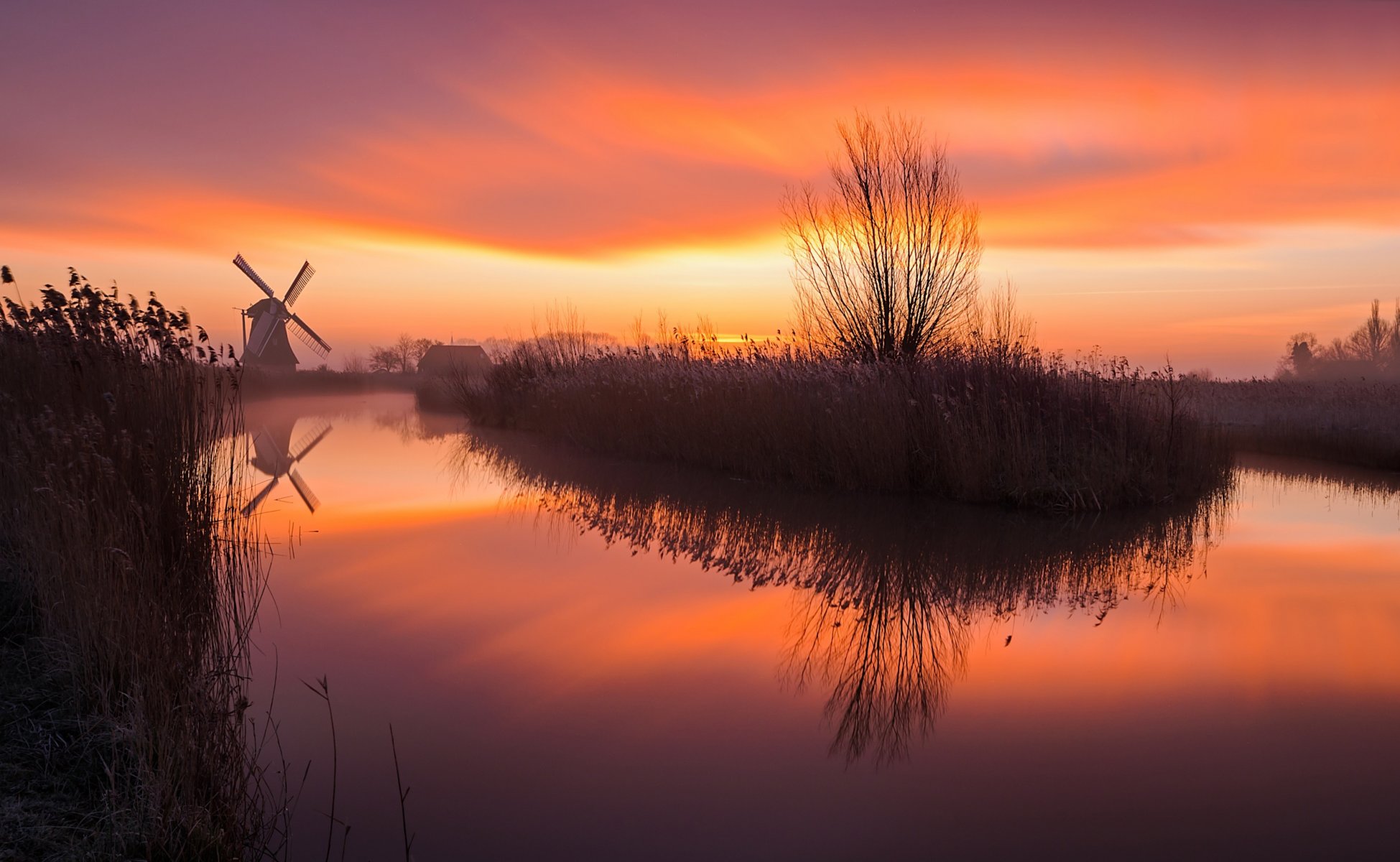 river sunrise fog mill