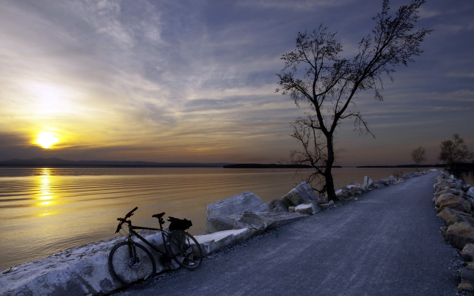 road river sunset bike landscape