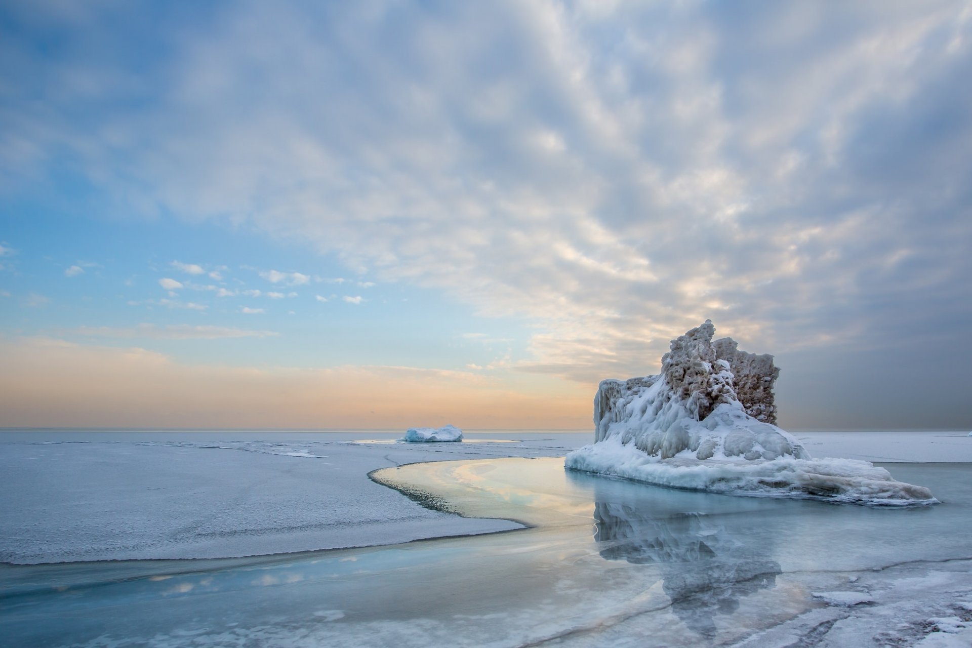 winter lake water iceberg reflection next snow cool sky clouds landscape