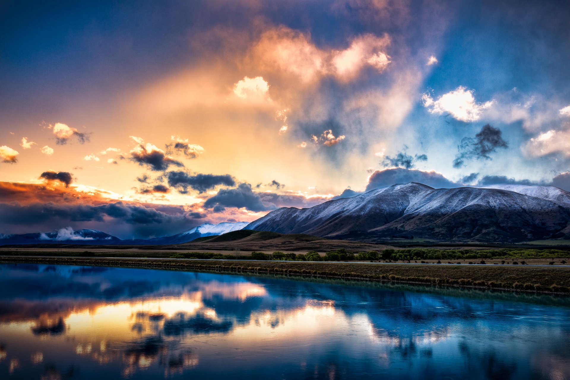 nuova zelanda isola del sud montagne cielo nuvole riflessione luce