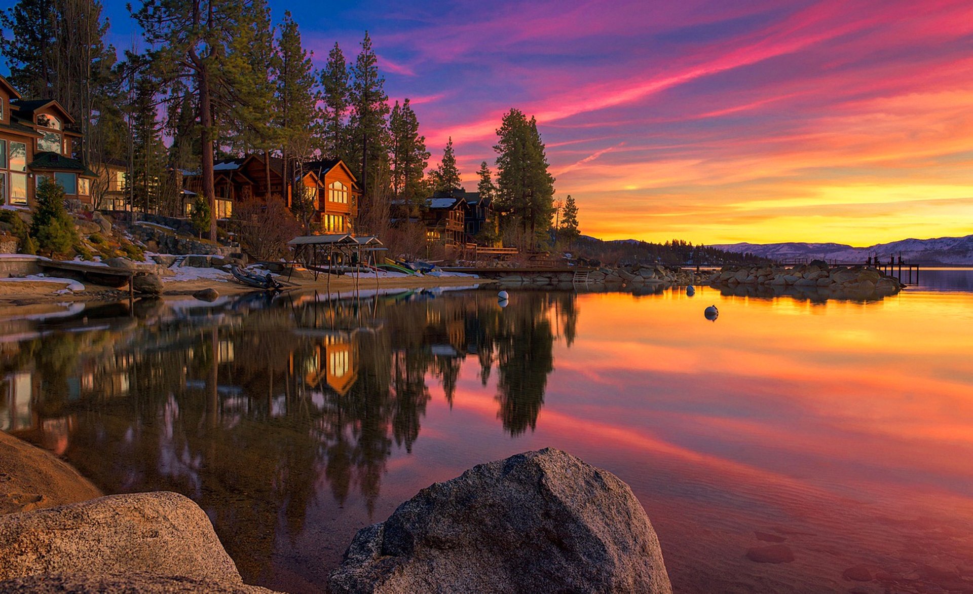 california usa tahoe lago cielo nuvole tramonto rocce neve alberi case