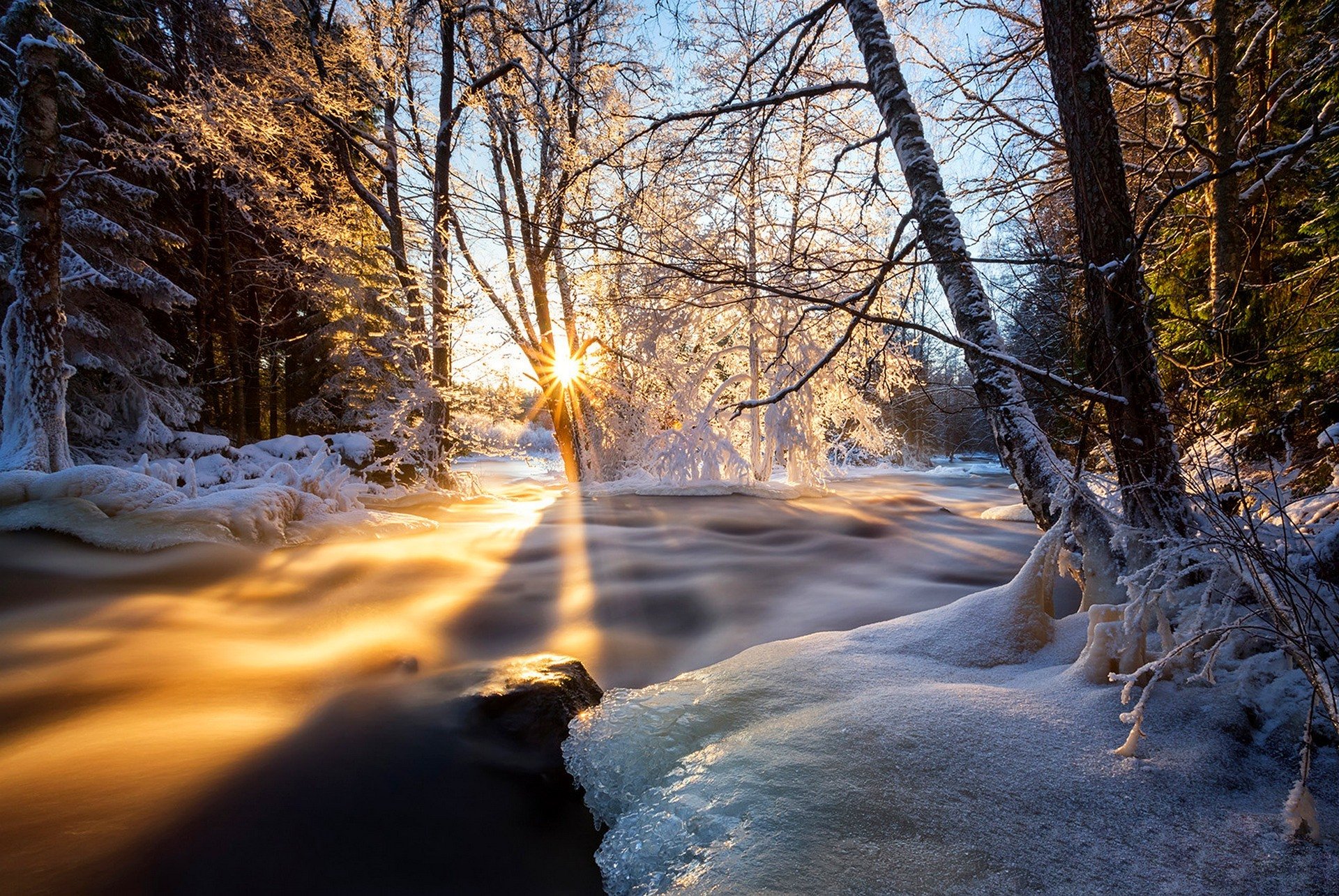 nature hdr landscape season winter view colors snow ice clouds sky sunset tree trees river winter view color river