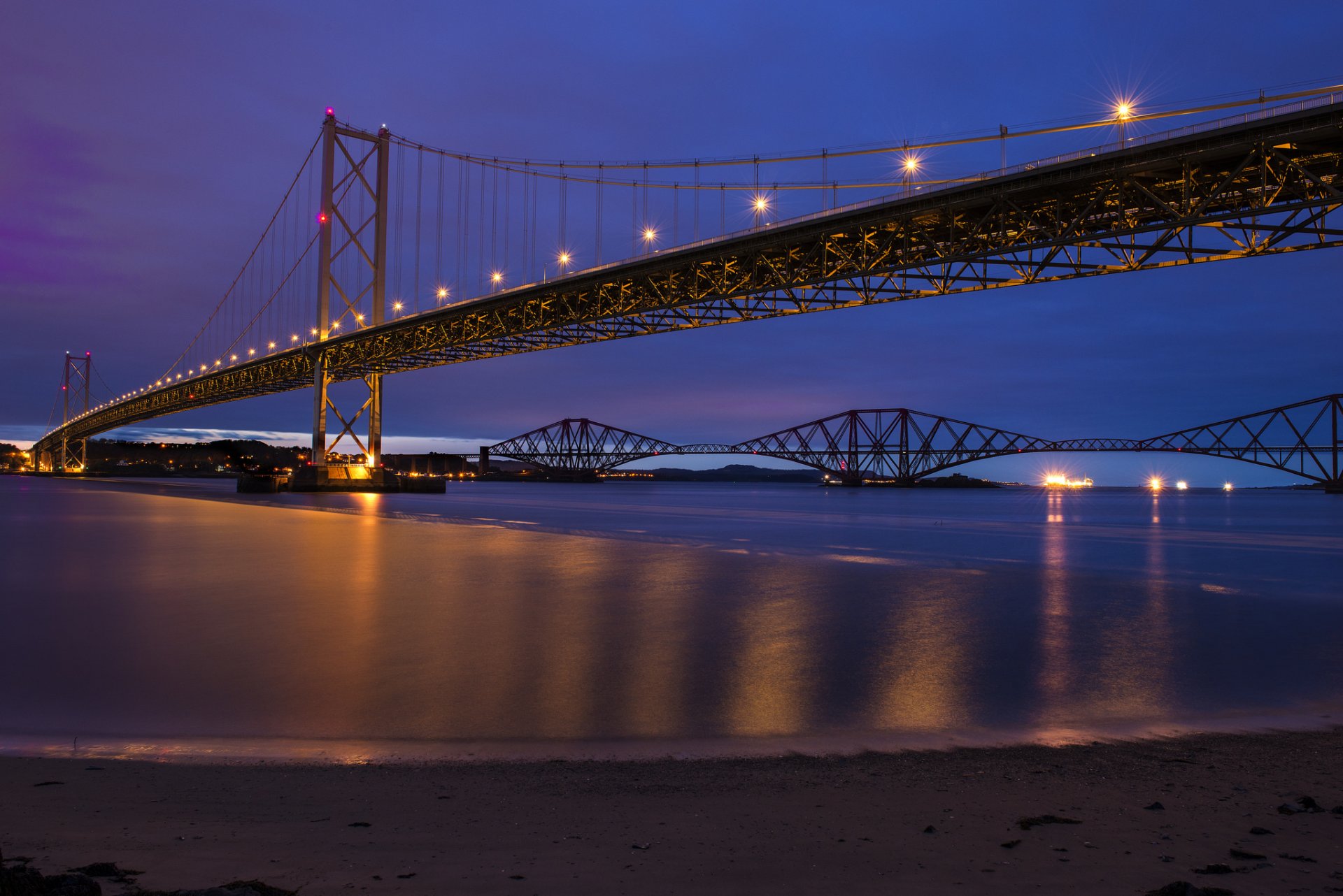 wielka brytania szkocja fort bridge rzeka most światła oświetlenie noc niebieski fioletowy niebo