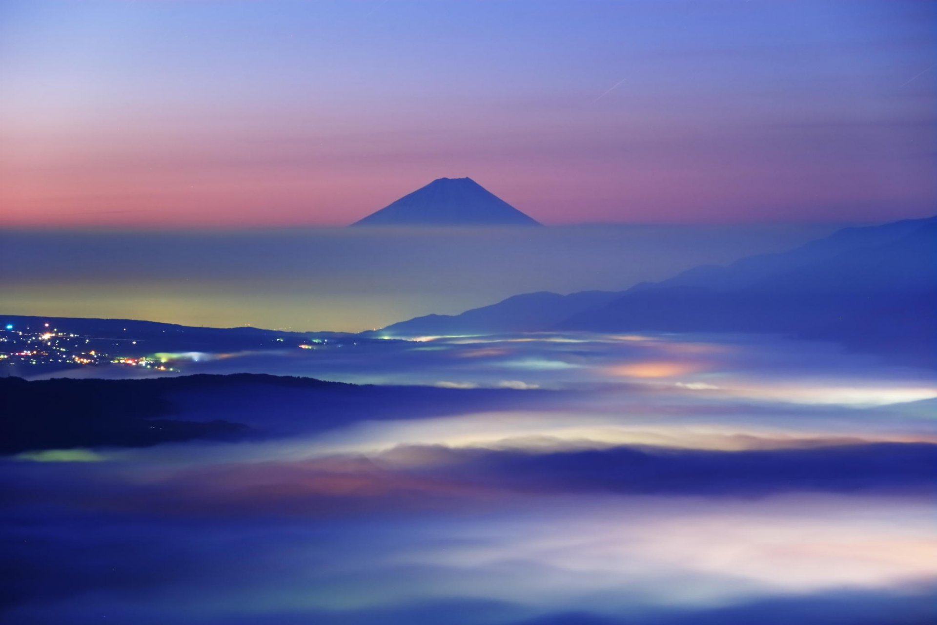 fuji japan mountain clouds dawn landscape nature haze town glow