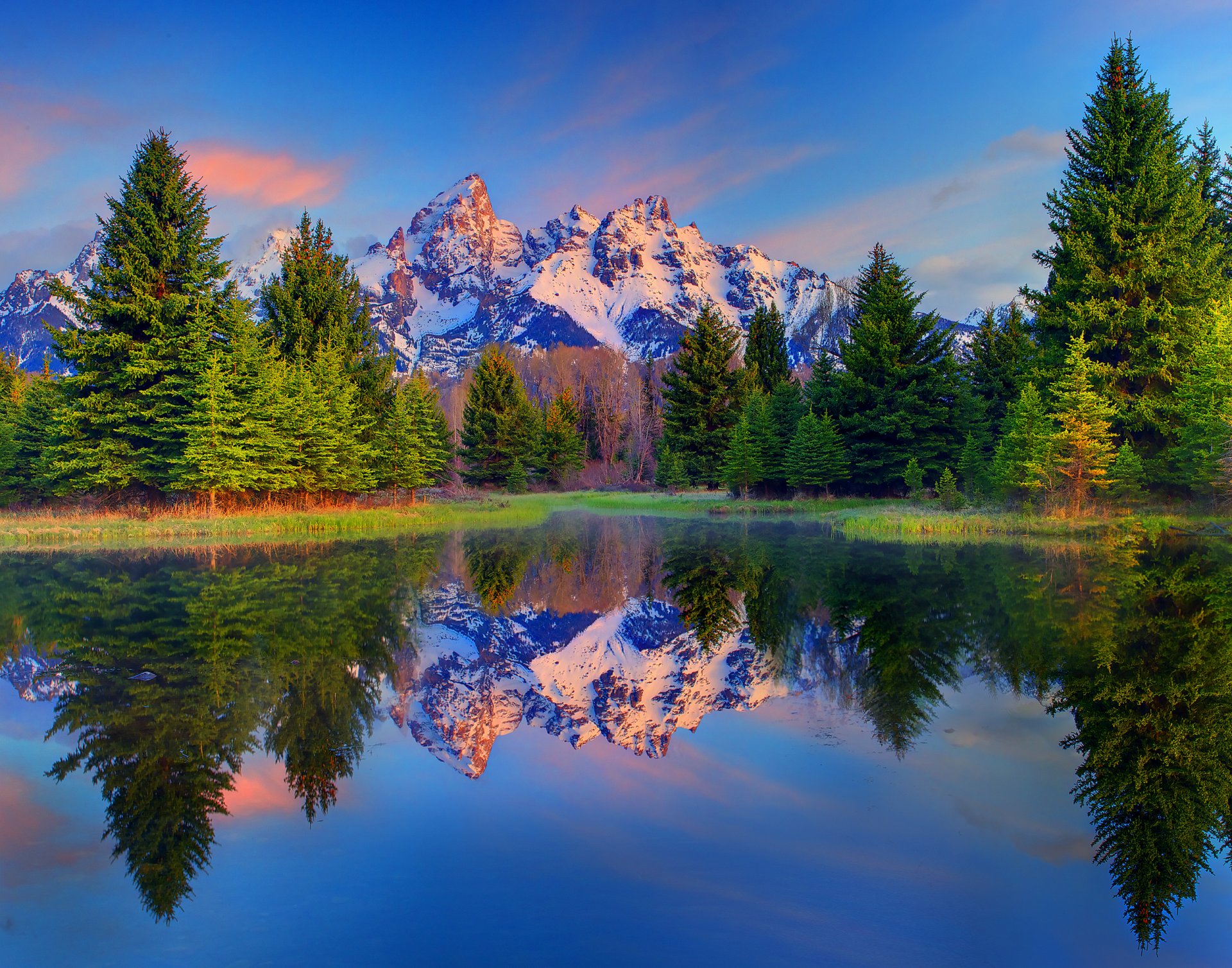 grand teton national park wyoming united states tree mountain lake snow reflection spruce sky cloud