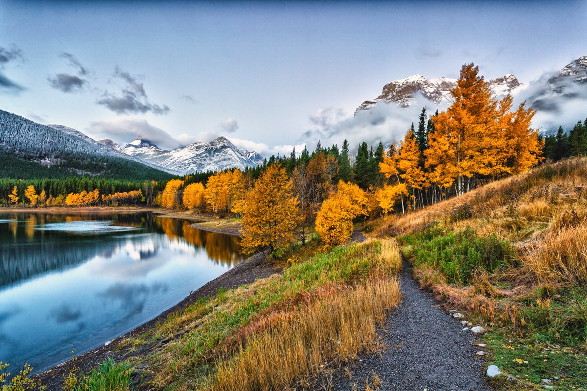 nature mountains sky clouds snow river water forest park trees leaves colorful road autumn fall colors walk