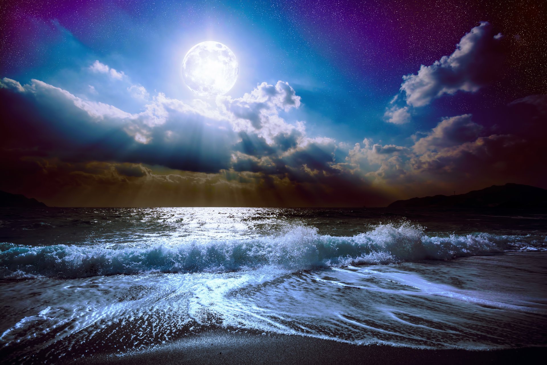 clair de lune lune nuit minuit nature paysage nuages pleine lune ciel mer océan vagues belle nature