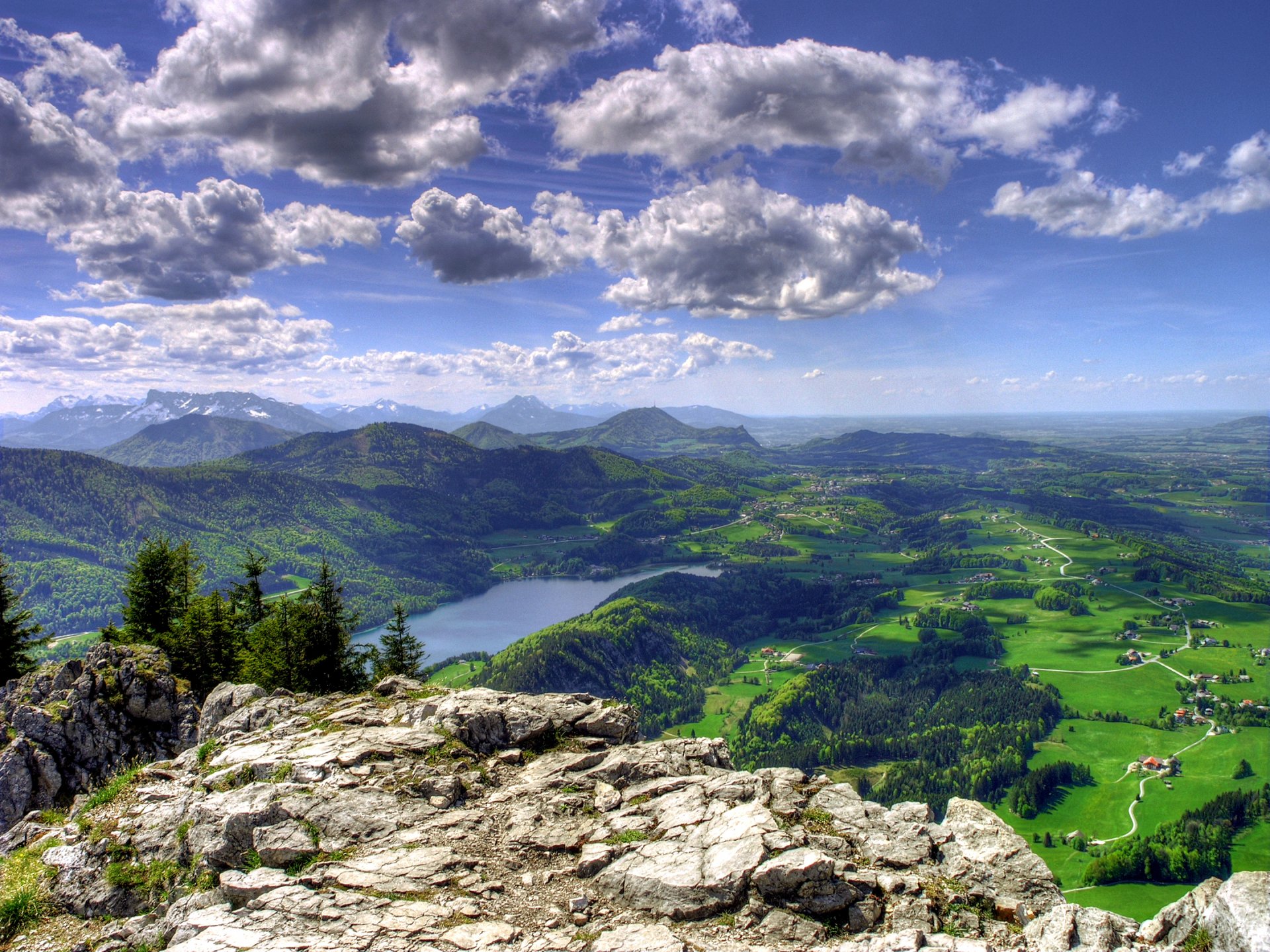 himmel wolken berge see tal rock häuser