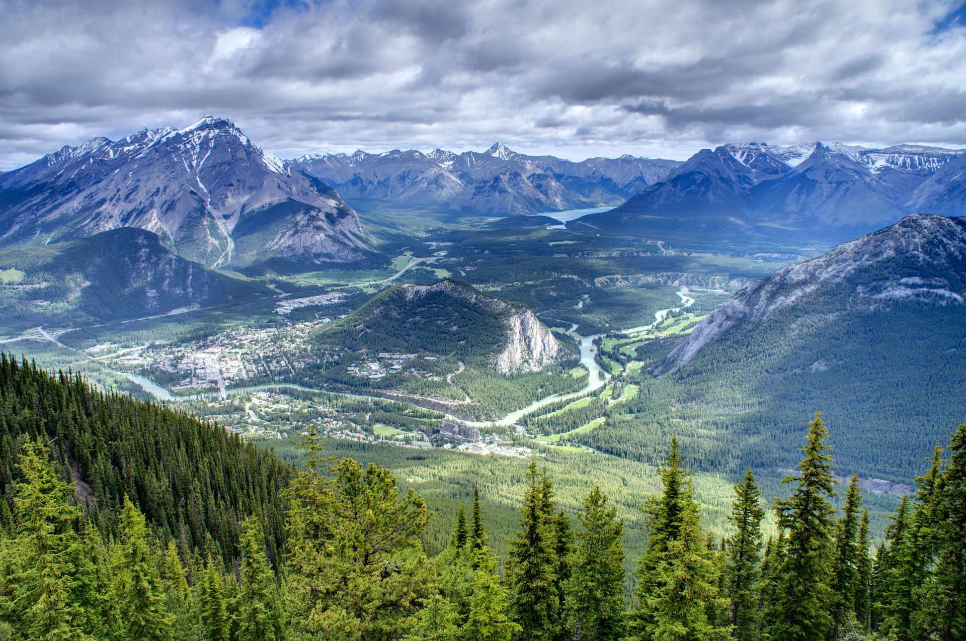 banff national park canada sky clouds mountain valley river lake forest tree house haze