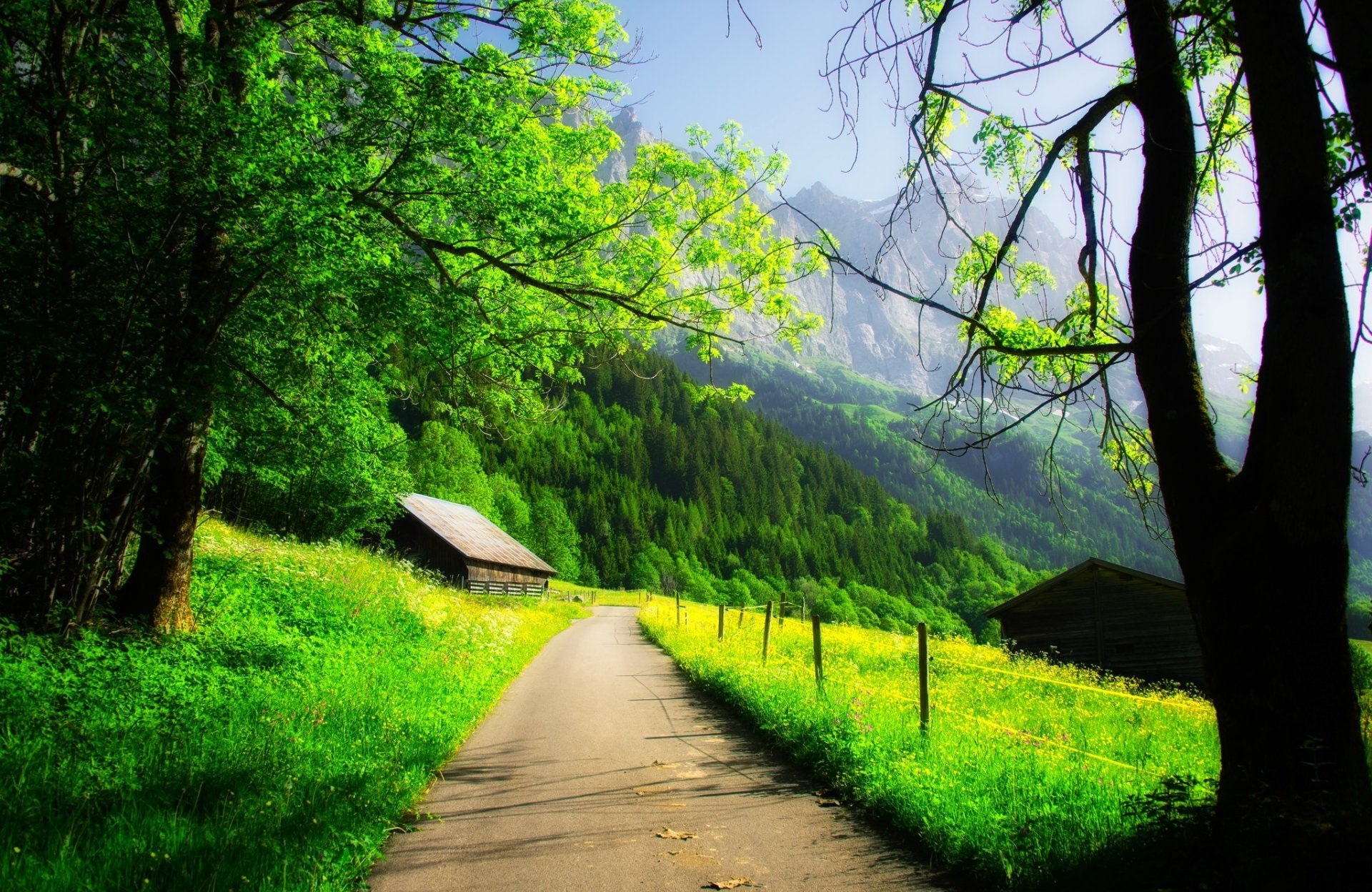 naturaleza primavera montaña casa roca cielo nubes bosque árboles camino paseo primavera montañas roca