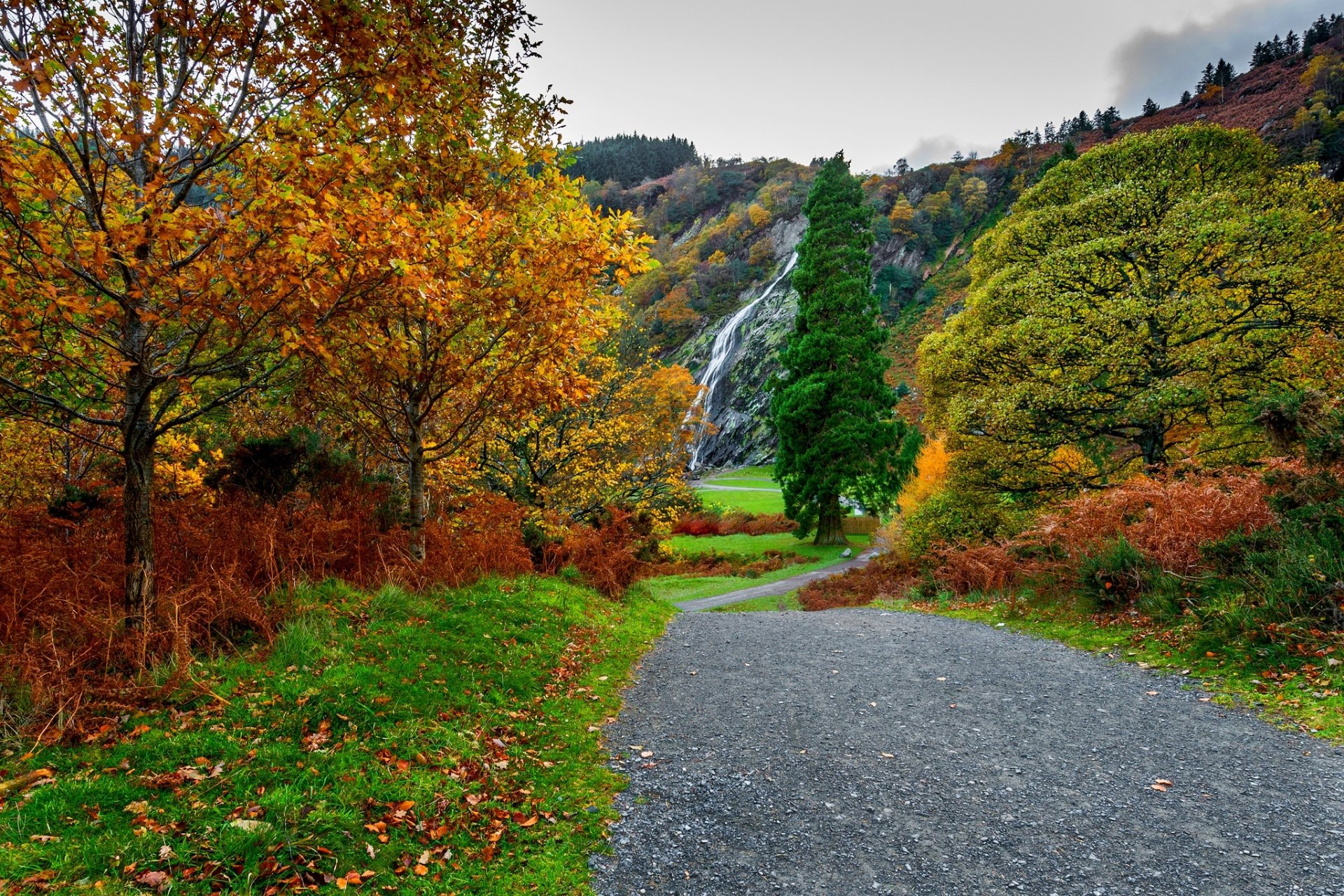 nature mountains sky clouds water forest park trees leaves colorful road autumn fall colors walk