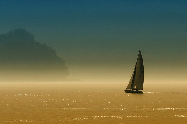 Voilier solitaire sur la surface d un lac tranquille