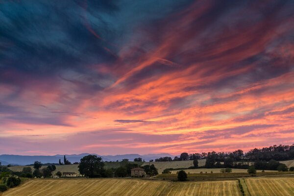 Beautiful sunset on the Italian field