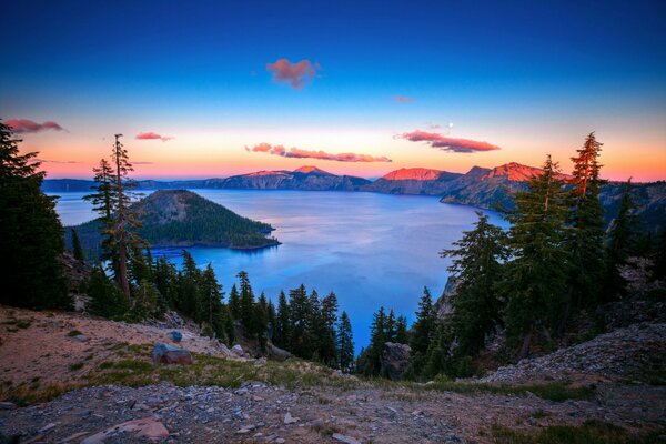 Mountain lake at sunset