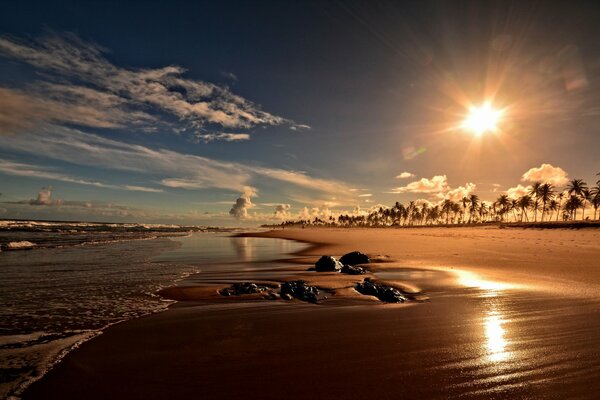 Coucher de soleil au bord de la mer sur la plage au Brésil