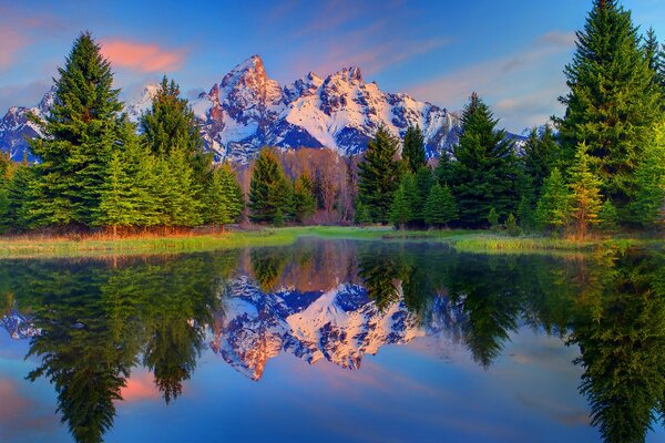 Отражение деревьев и гор в воде