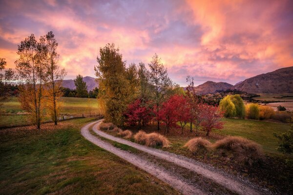 Paisaje de otoño. el camino en las montañas