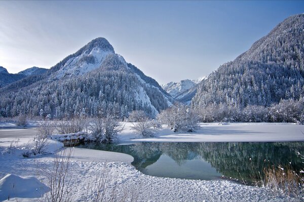 Lago en el bosque de invierno