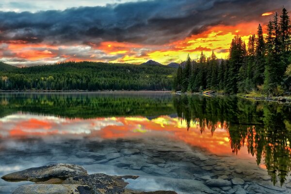 Kleiner See bei Sonnenuntergang. Wald am See