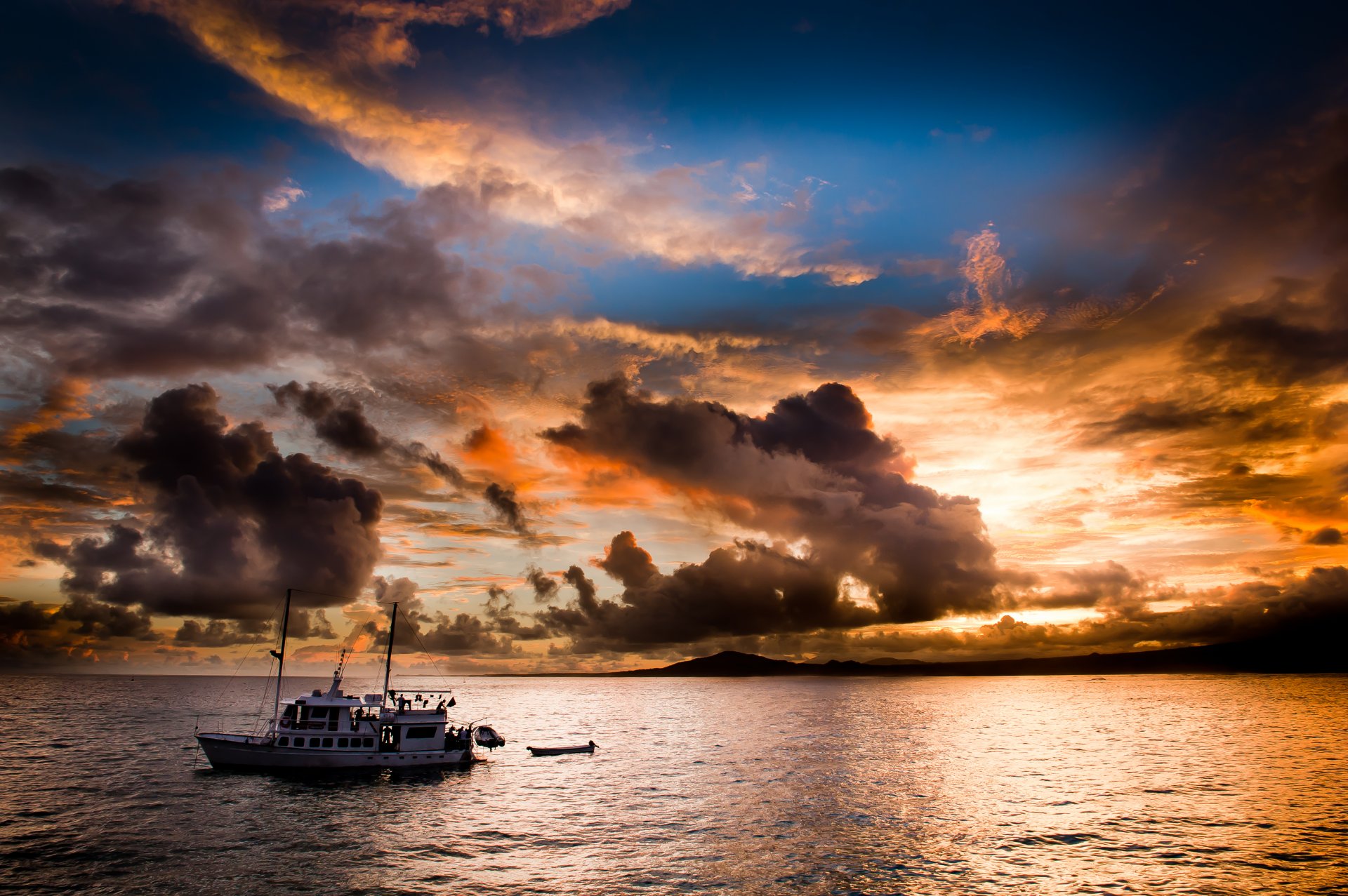 night sea coast sunset yacht clouds clouds