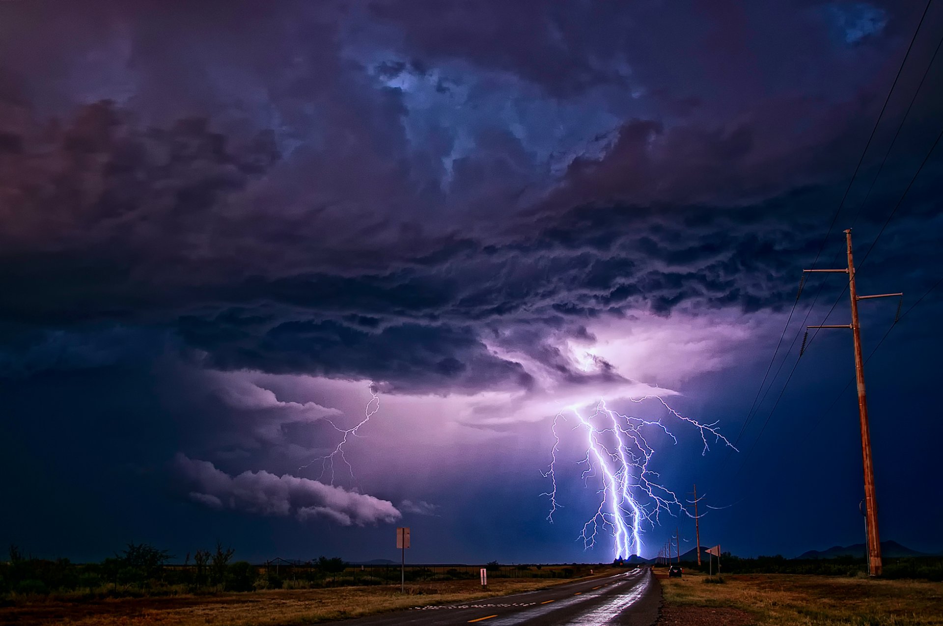 road sky night evening clouds lightning light