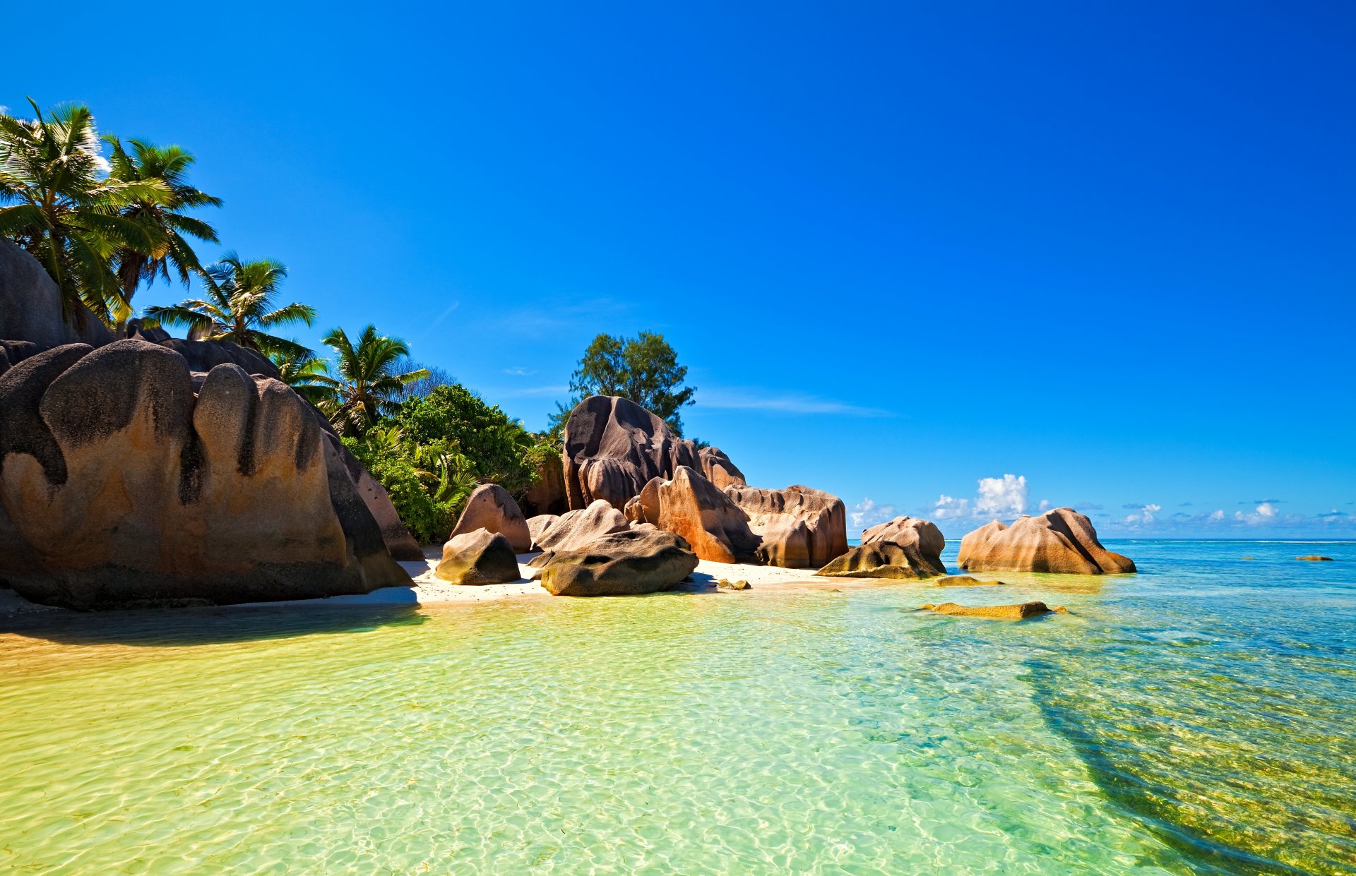 tropiques seychelles ciel mer océan île palmier pierres