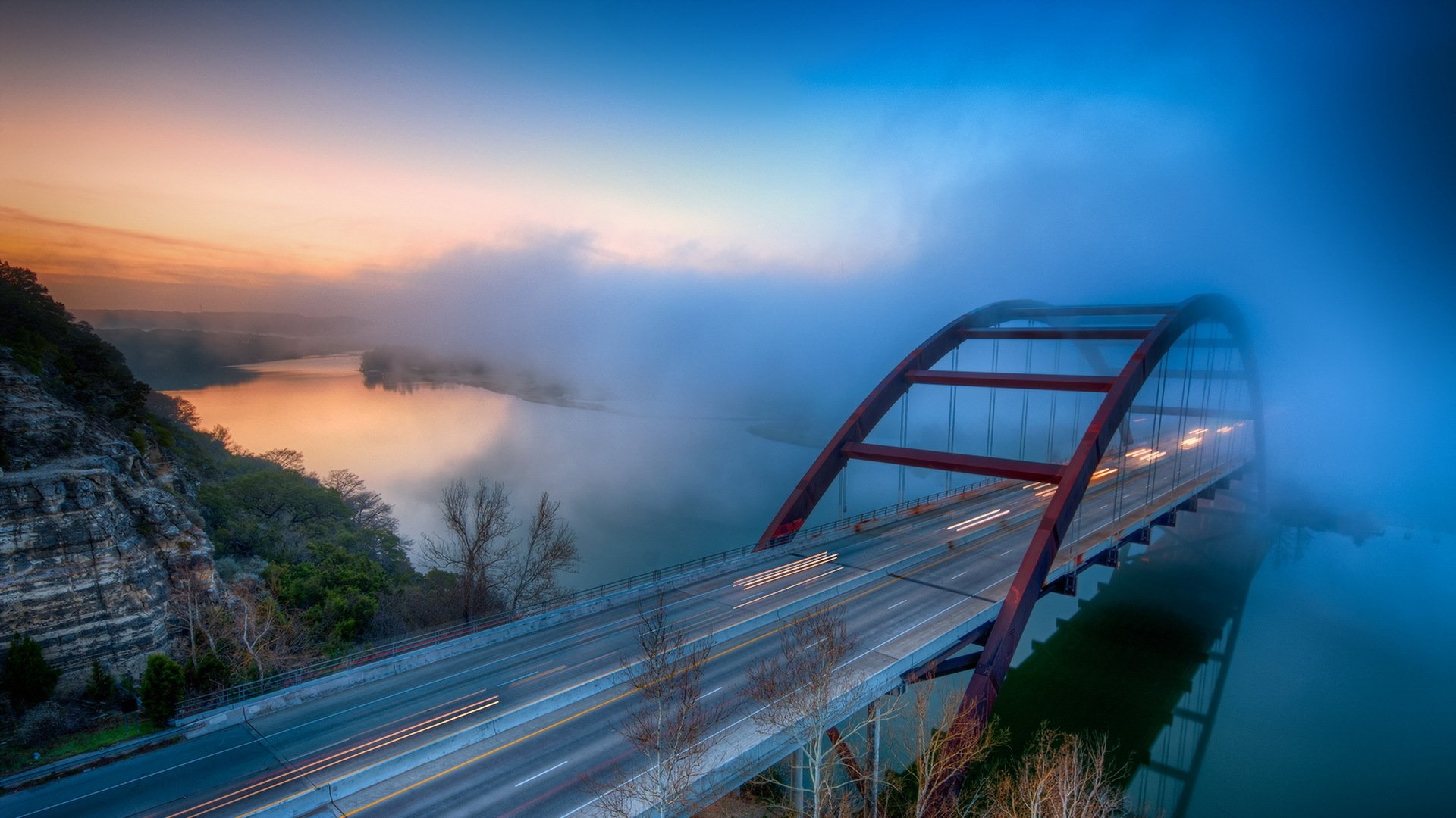 river bridge fog landscape