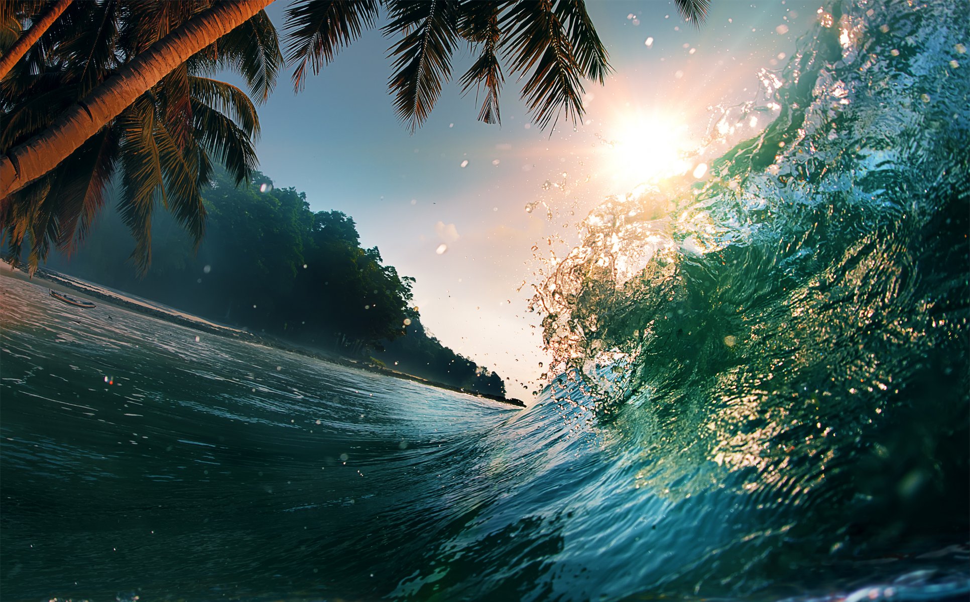 ea wave beautiful sunset scenes water screensavers tropical paradise ocean sea waves nature landscape palm trees splash sunlight