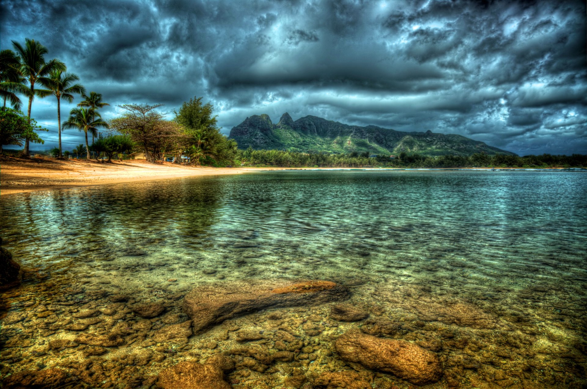 tropics sky clouds mountain lake tree hdr