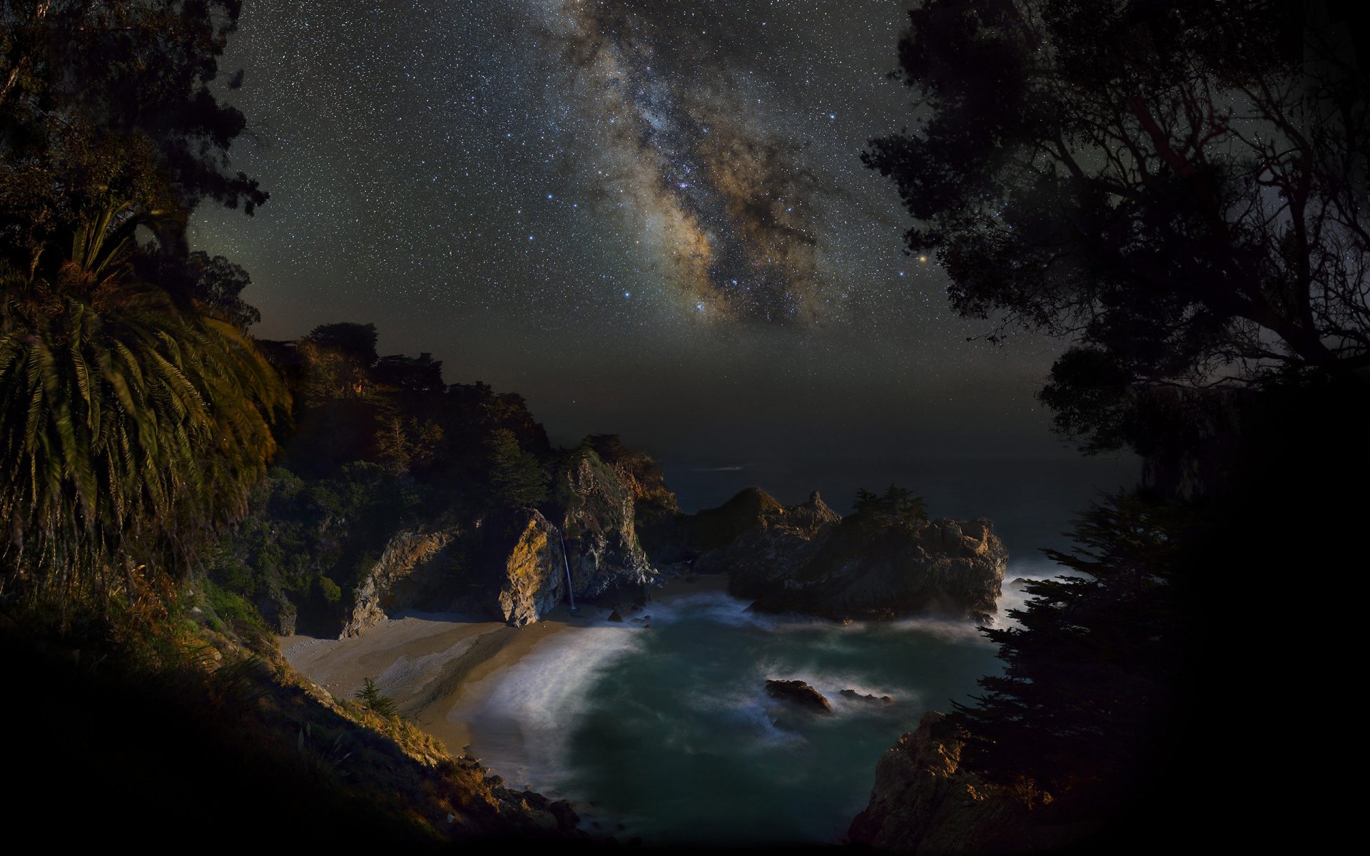 milky way stars sea beach shore night