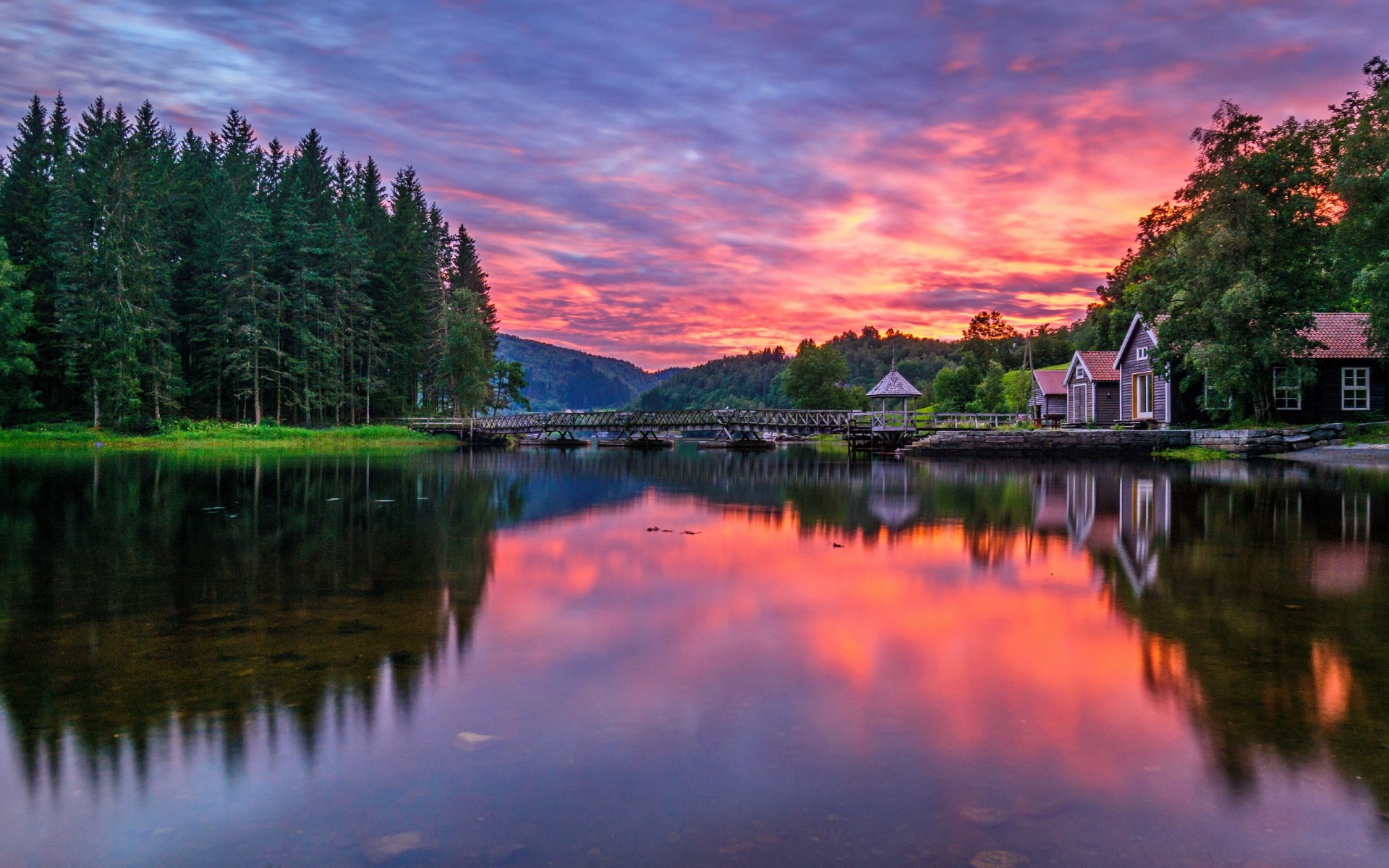 norway rogolend forest river bridge house morning dawn