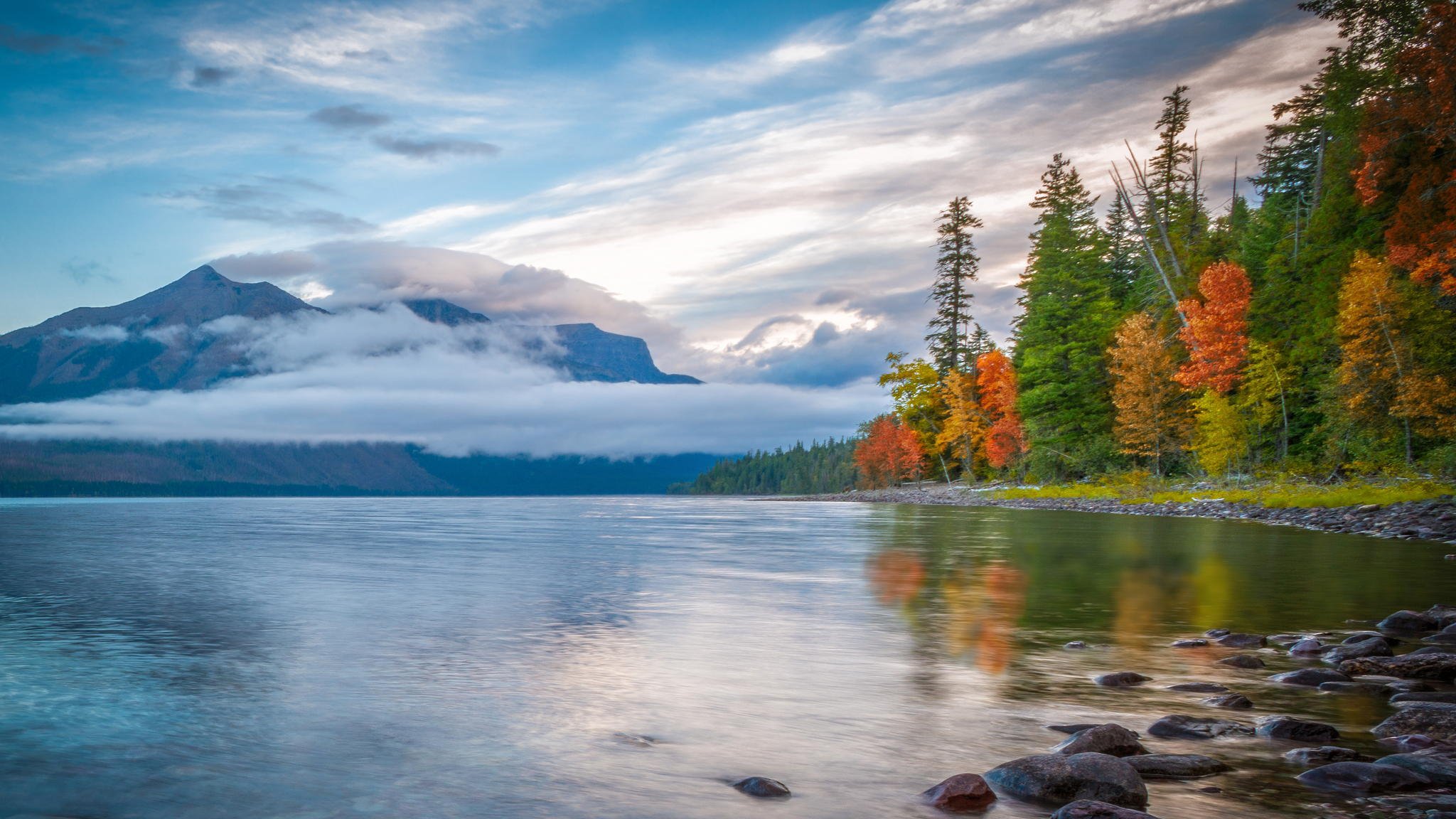 mountain autumn clouds forest lake reflection nature