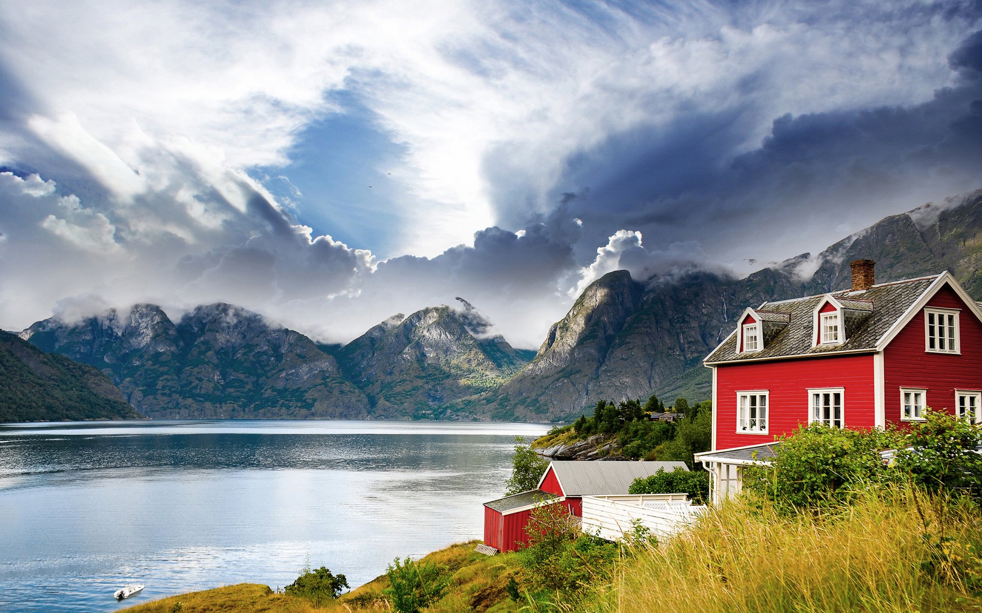 norway fjord lake mountain house landscape