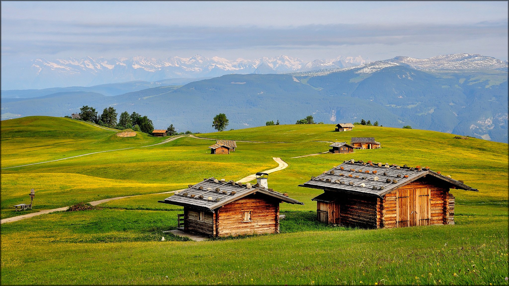 mountain alps house tree road summer