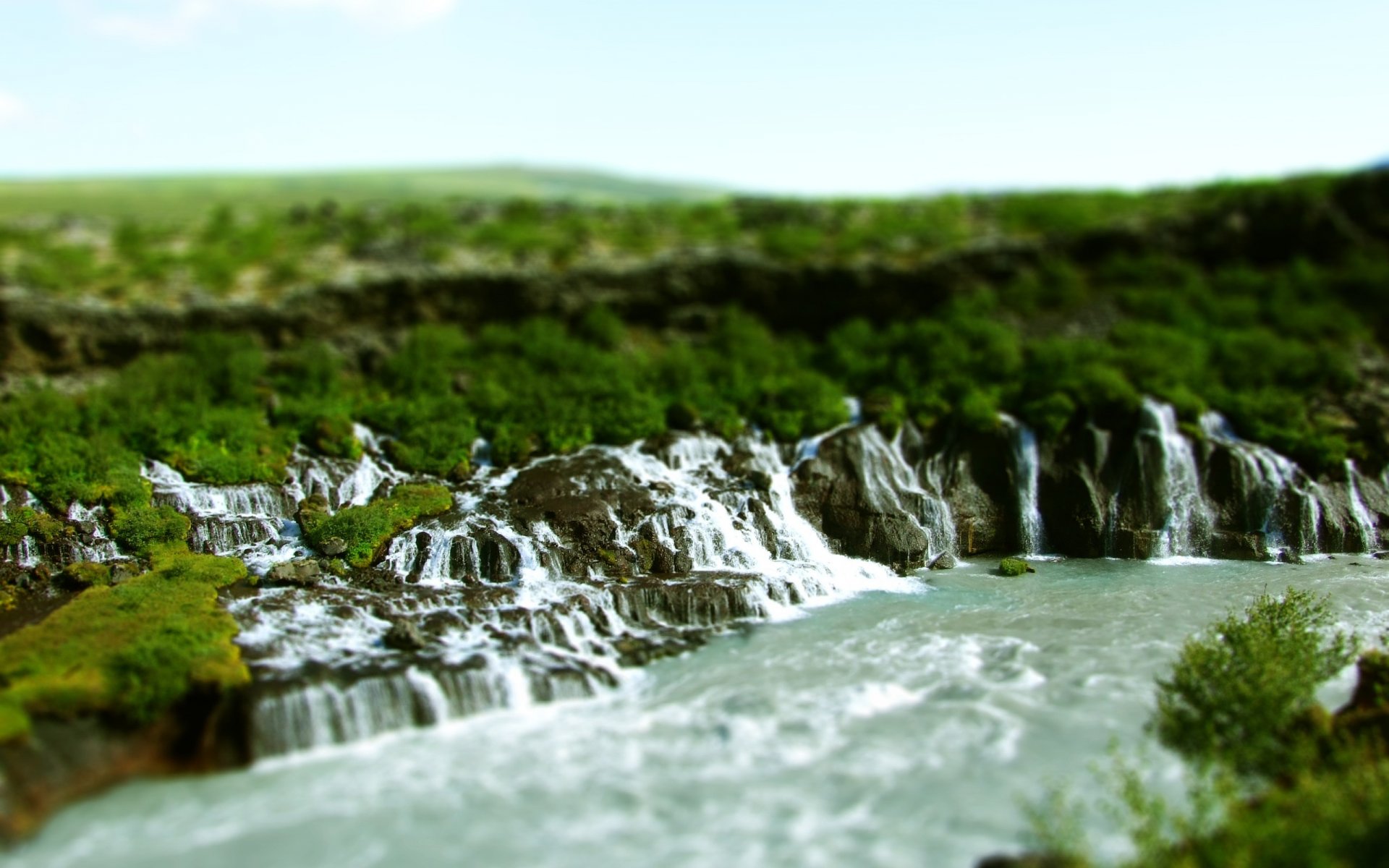 nature waterfalls river boulders tent shift tilt shift