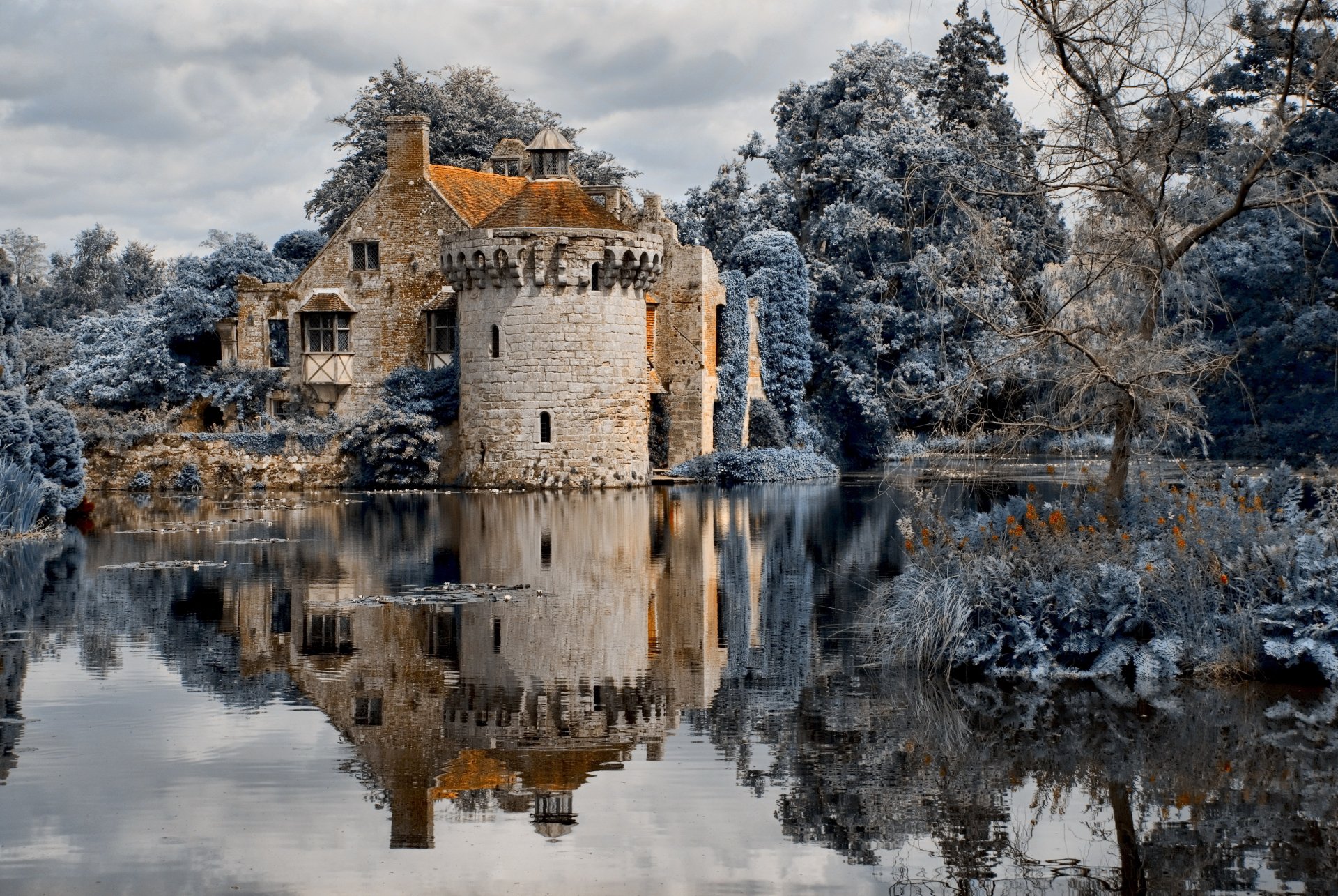 foresta castello fiume alberi cielo acqua nuvole