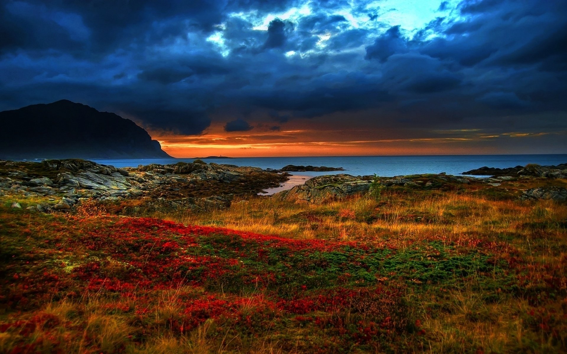 herbe roches mer ciel sombre coucher de soleil