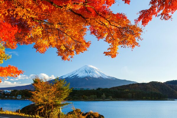 Mountains and lake in Japan in autumn