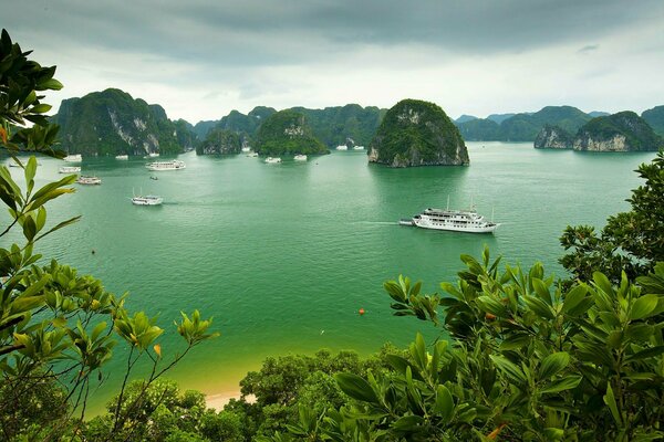 Вьетнамская зелёная бухта и яхты вдали