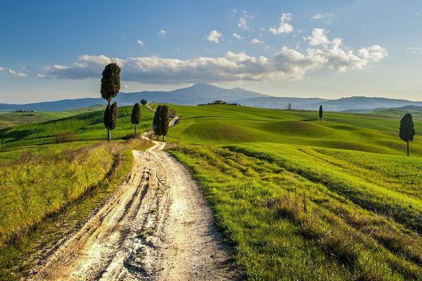 Сельский пейзаж Италия холмы дорога
