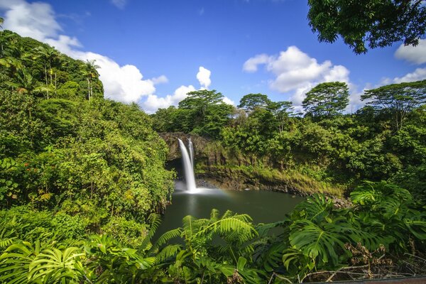 Wasserfall in den hawaiianischen Tropen. Klarer Himmel mit Wolken