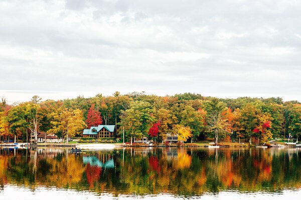 Un lago en el bosque de otoño y una casa solitaria