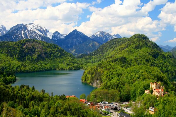 Castles and towers on a mountain lake