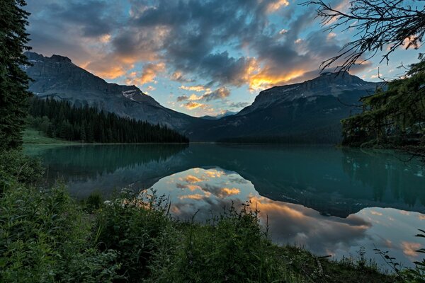 Парк в канаде горы и лес отражаются в озере