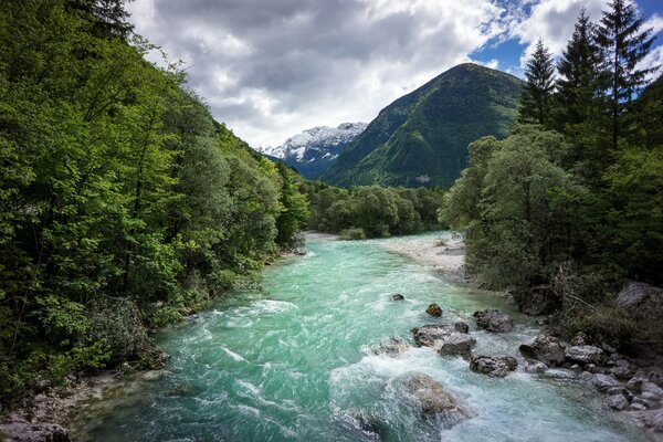 Mountain turquoise river with a stone