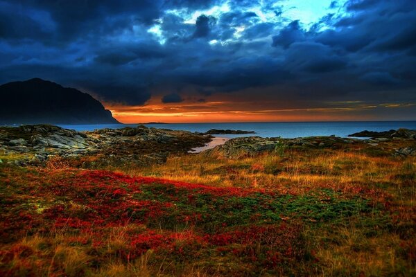 Puesta de sol oscura sobre un claro de colores