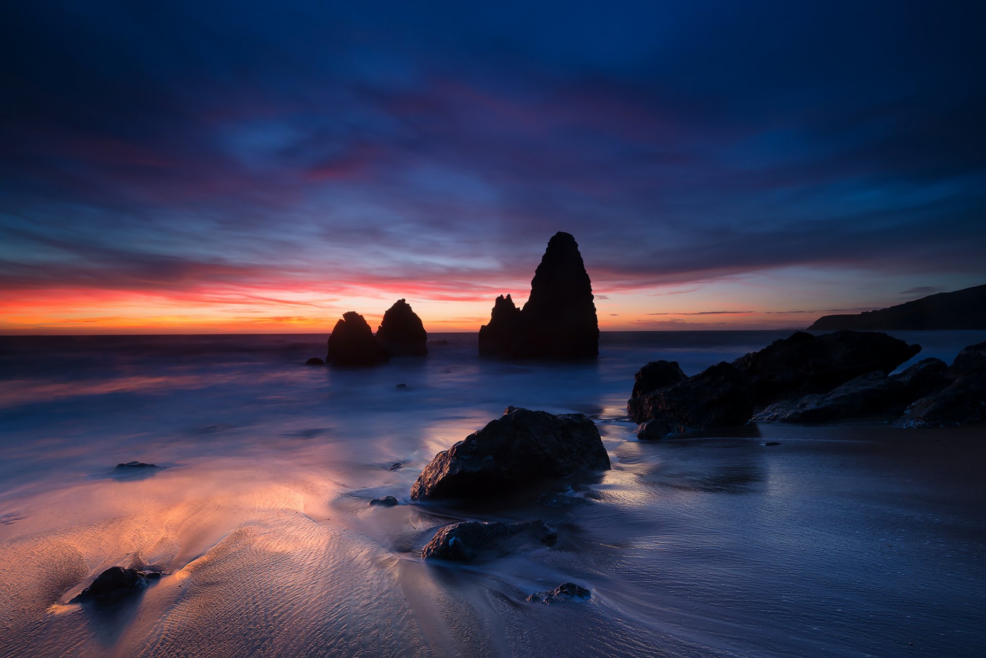 usa kalifornien ozean meerenge küste sand steine felsen abend sonnenuntergang orange blau himmel wolken