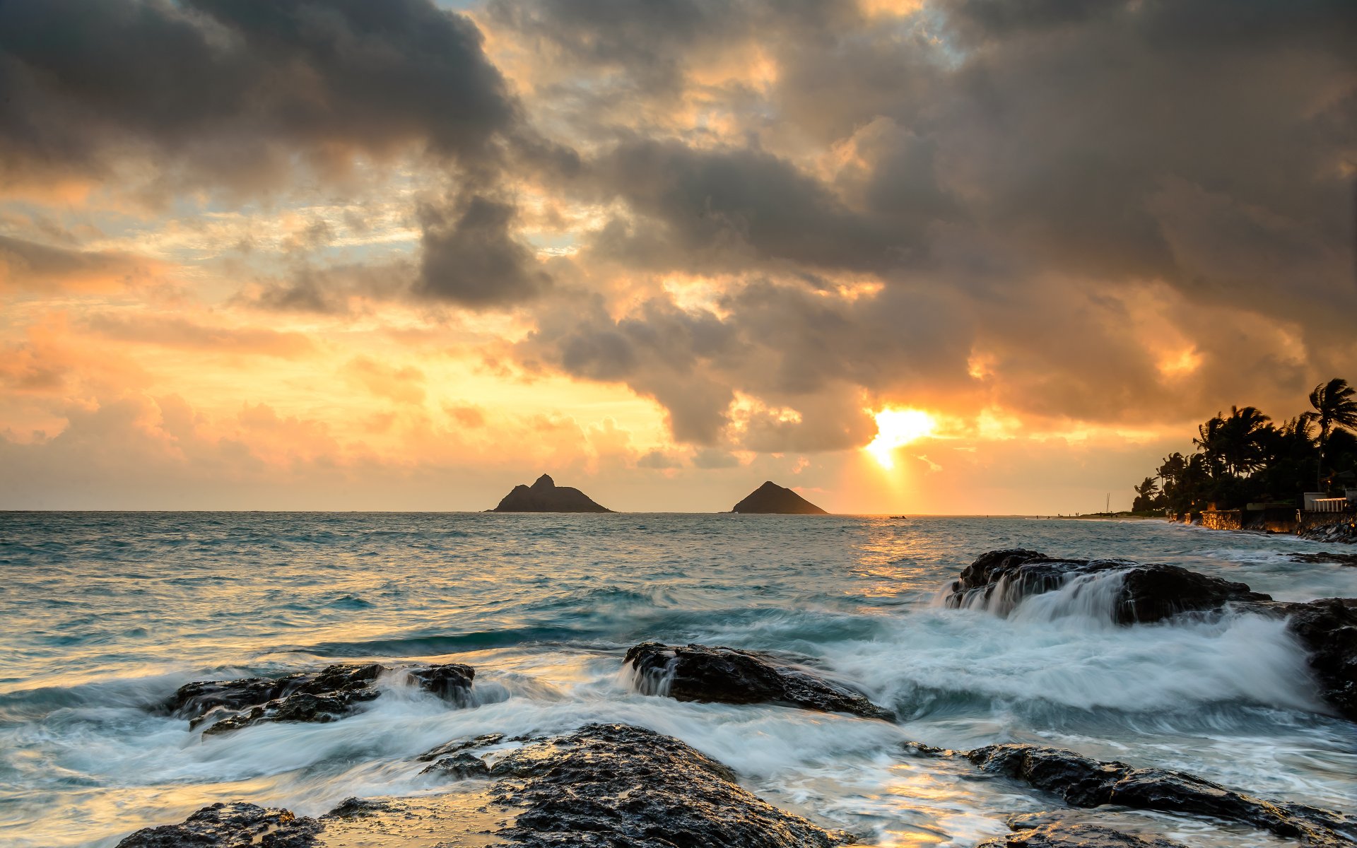 hawaii océan roches lever du soleil pierres