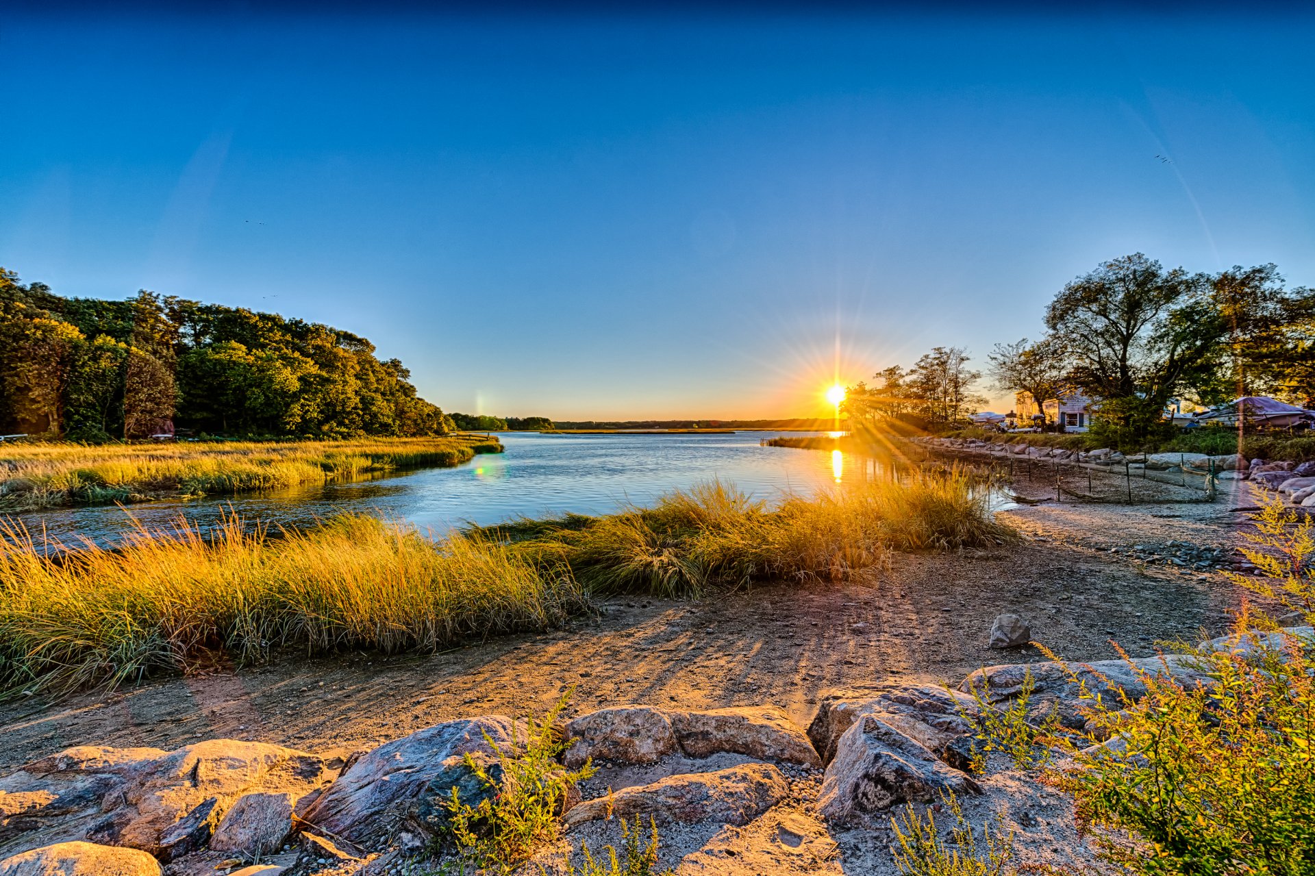 long island new york usa himmel sonne sonnenuntergang fluss ufer steine gras bäume haus natur