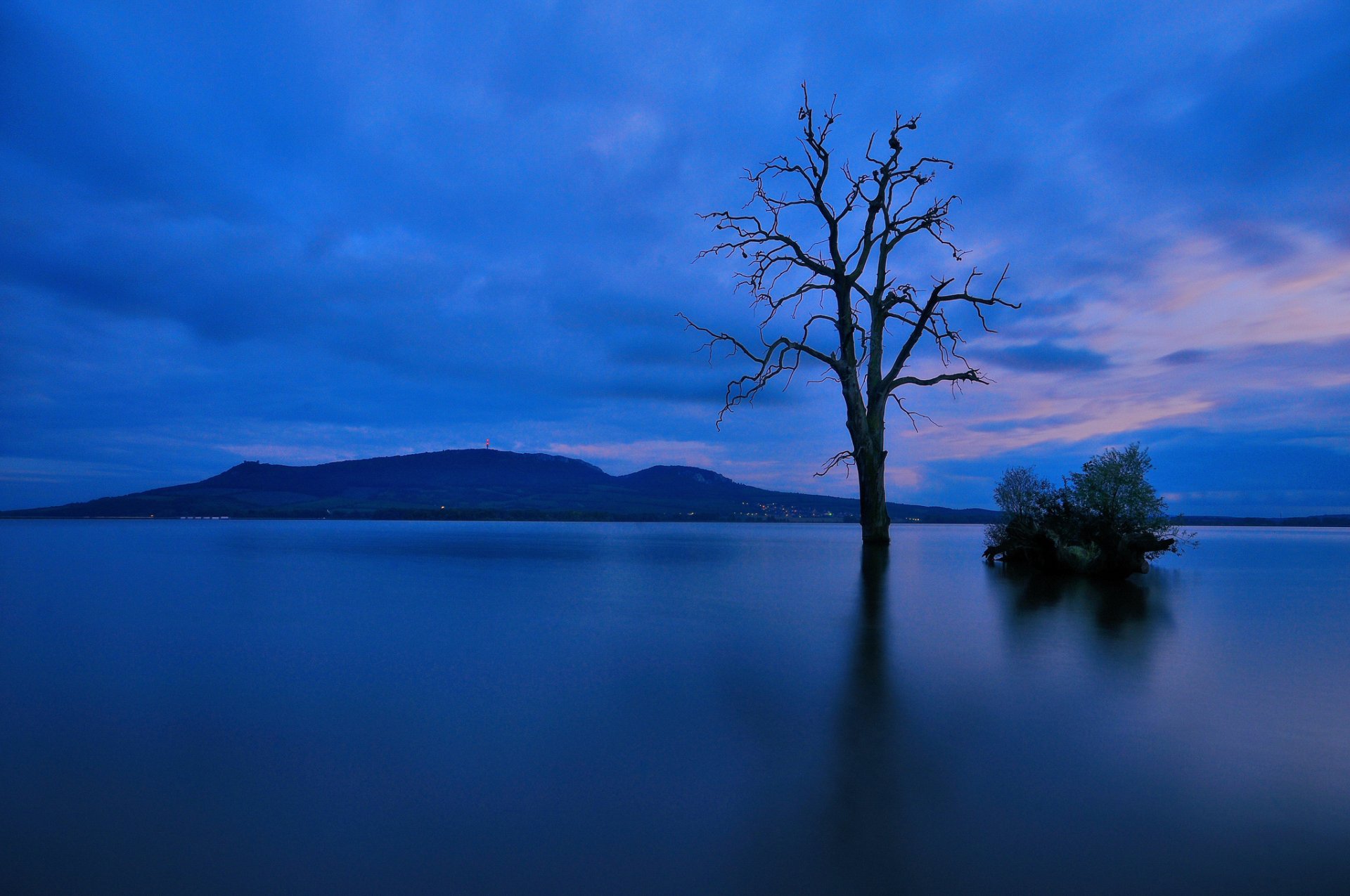 montagna lago albero sera crepuscolo